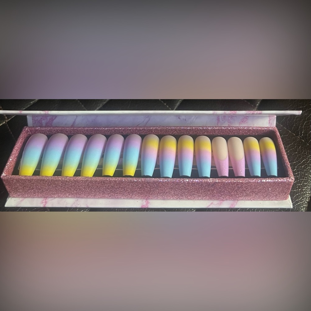 Press on Nails Long French Fake Nails Rainbow Ballerina Acrylic Nails with Heart